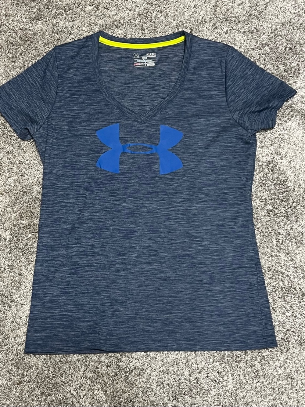 Under Armour Women's Heather Navy V-Neck Logo Tee with Royal Blue Emblem